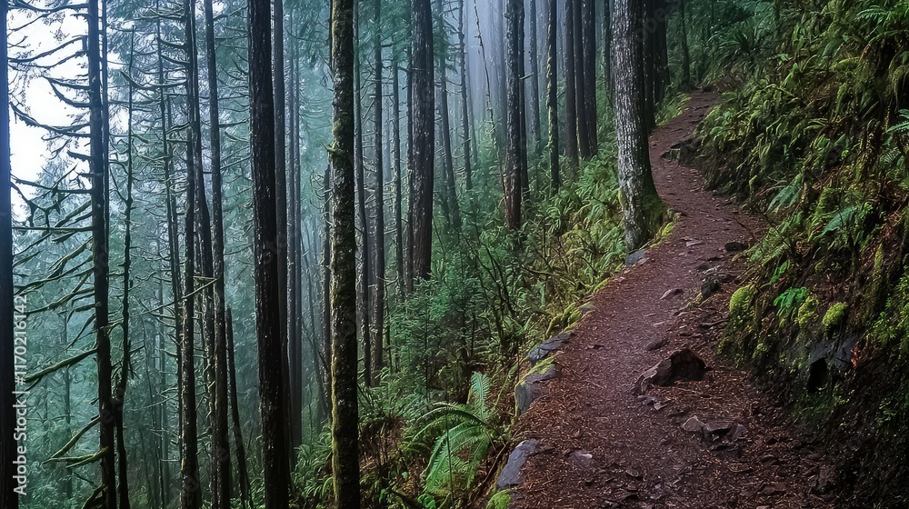 Misty Forest Trail with Lush Greenery and Scenic Nature Path Misty Forest Trail with Lush Greenery and Scenic Nature Path