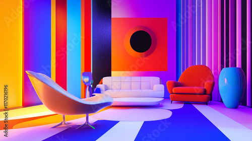 living room with colorful furniture, contemporary and modern interior design styles with elegant wall and chairs, interior modern design room 3d illustration with colorful wall and sofa and chairs.