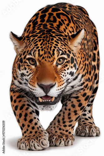 Jaguar in a stealthy stance on a white background, emphasizing its wild elegance photo