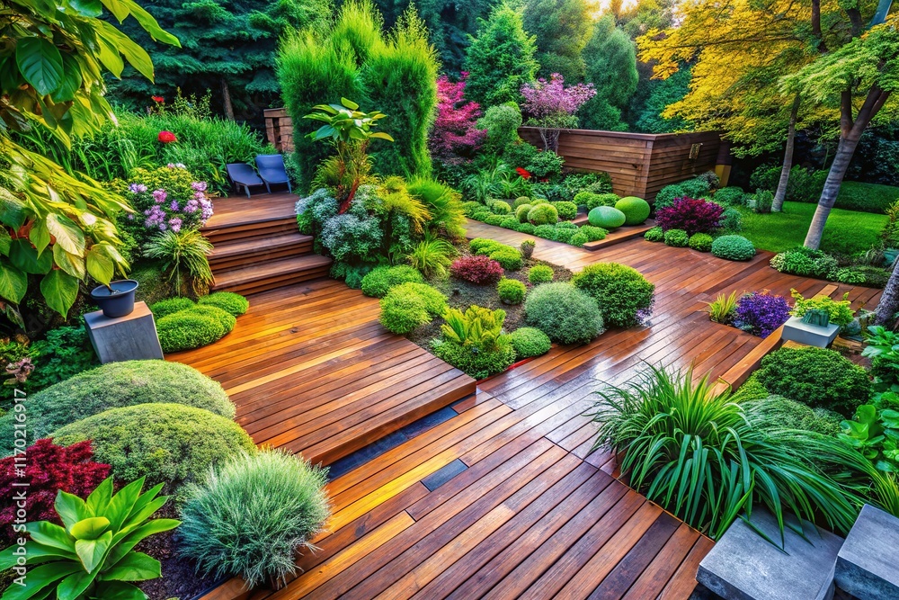 Obraz premium Stunning Terrace & Garden Designs - Wooden Decking, Gravel Paths, Lush Greenery
