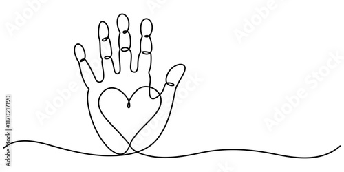 Palm of Hand with Heart Continuous Line Icon, hand print with heart pro vector illustration, One continuous line drawing of hand holding heart, white background minimalism design, Charity.