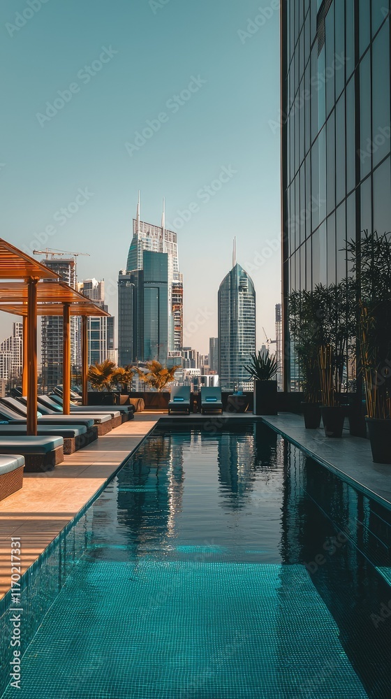 Naklejka premium Urban Rooftop Pool with City Skyline and Modern Architecture View