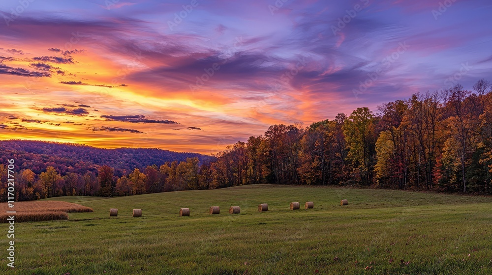 Fototapeta premium Serene Autumn Sunset Over Rolling Hills with Hay Bales in Field