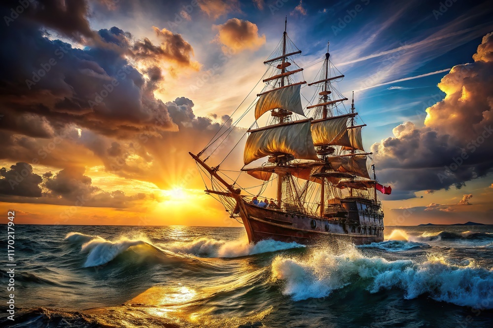 Obraz premium Pirate Ship at Sunset - Epic Sea Adventure