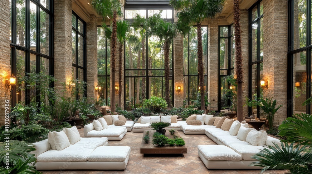 Fototapeta premium Spacious indoor lounge with greenery and natural light.