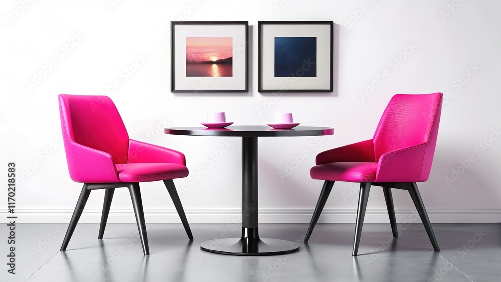 Fototapeta premium Modern Black Round Table with Pink Chairs - Interior Design