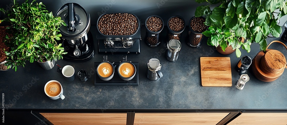 Coffee Shop Setup: Top View of Espresso Machine, Beans, and Latte Art Coffee Shop Setup: Top View of Espresso Machine, Beans, and Latte Art