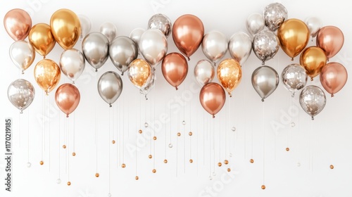 Golden Elegance: Vertical Cascade of Luxurious Gold, Silver, and Copper Balloons on White Background with 3D Effect