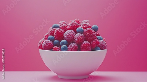 Frozen raspberries and blueberries in a bowl on pink background.