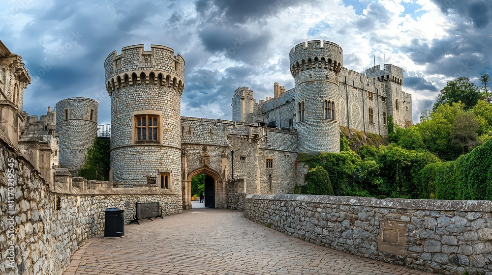 Obraz premium Historic Castle with Turrets Surrounded by Dramatic Sky Landscape