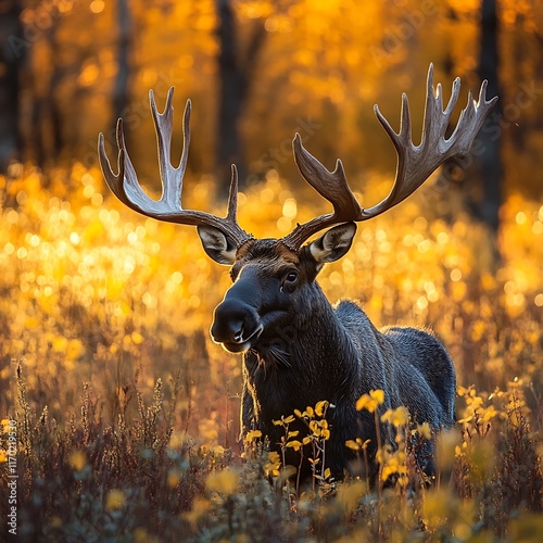 Majestic Bull Moose in Golden Autumnal Forest. photo