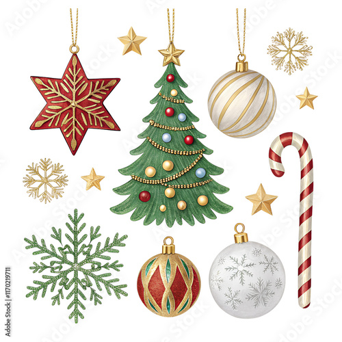 set of christmas tree decorations