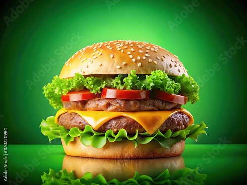 Delicious Cheeseburger on Green Background - Food Poster photo