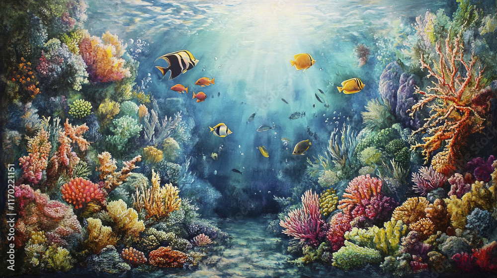 Naklejka premium vibrant coral reef teeming with colorful marine life and corals