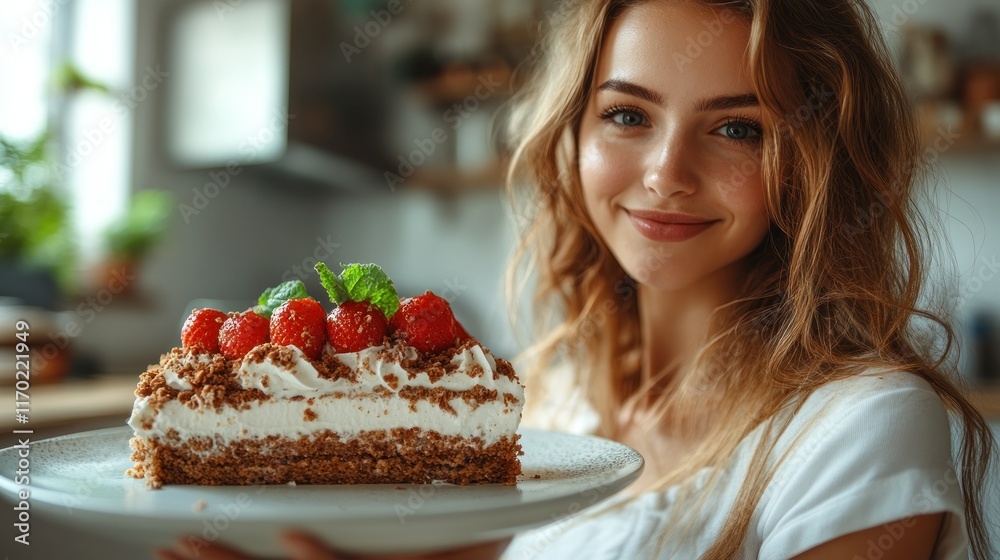 A young woman presents a delicious cake with strawberries. A young woman presents a delicious cake with strawberries.