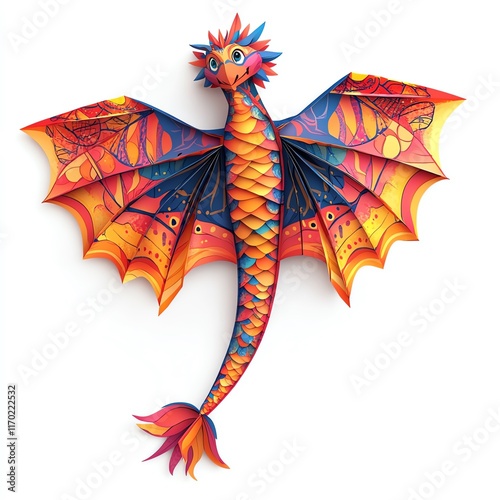 A colorful, artistic dragon figure with intricate designs and vibrant colors, showcasing its wings and playful expression. photo