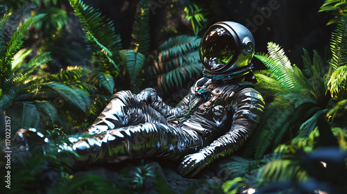 Futuristic astronaut seated lush forest foliage reflective chrome spacesuit vibrant lighting ethereal scenery surreal atmosphere wall art wallpaper poster robot ai fantasy sci-fi tropical room decor