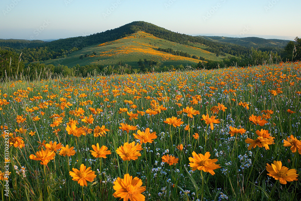 Vibrant wildflowers blanket a hillside beneath a distant mountain at sunrise. Vibrant wildflowers blanket a hillside beneath a distant mountain at sunrise.