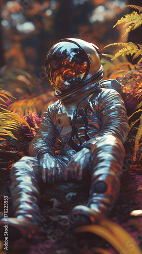 Futuristic astronaut seated lush forest foliage reflective chrome spacesuit vibrant lighting ethereal scenery surreal atmosphere wall art wallpaper poster robot ai fantasy sci-fi tropical room decor