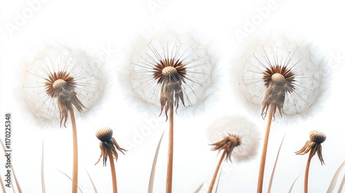 Five dandelion seed heads against white background. photo