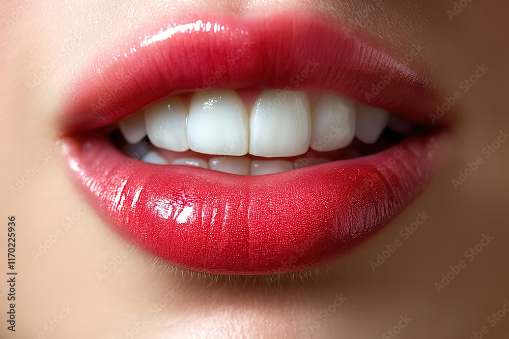 Obraz premium Close-up of young woman's glossy red lips and white teeth smiling