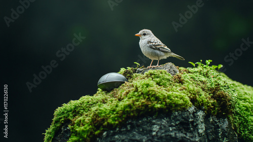 Metallic birds resting moss rock chrome texture natural glowing serene forest Futuristic ambiance sci-fi wallpaper wall art fiction ufo alien poster room decor concept unknow fluorescent platonic