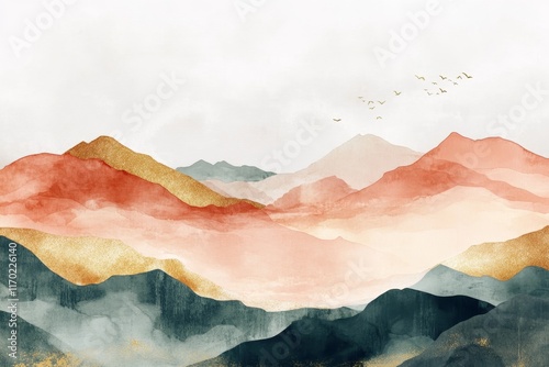 Abstract watercolor painting of misty mountains in sunset hues.