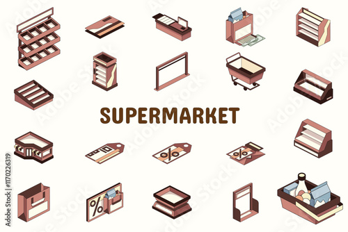 Supermarket Lineal Color Vector Illustration Icon Sticker Set Design Materials