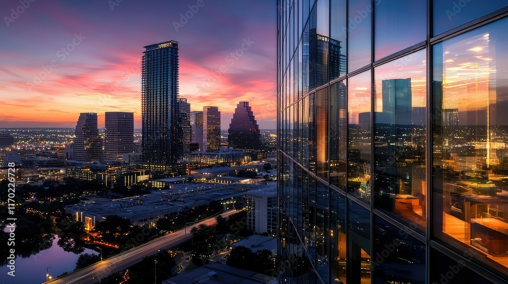 Fototapeta premium Stunning Cityscape View at Dusk with Colorful Sky Reflection