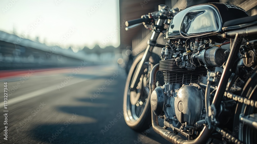 Fototapeta premium Vintage motorcycle parked on racing track during sunset
