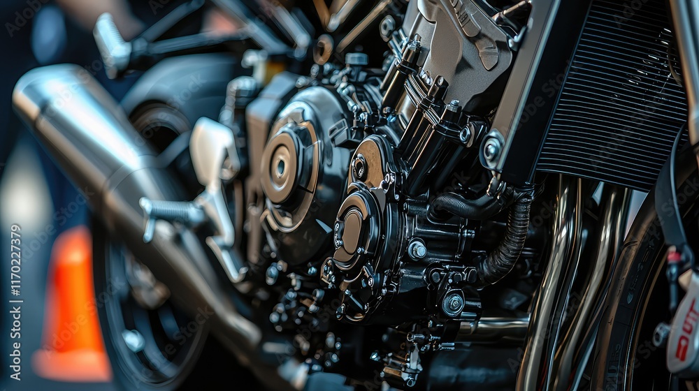 Close-Up of a Motorcycle Engine with Metal Components and Details Close-Up of a Motorcycle Engine with Metal Components and Details