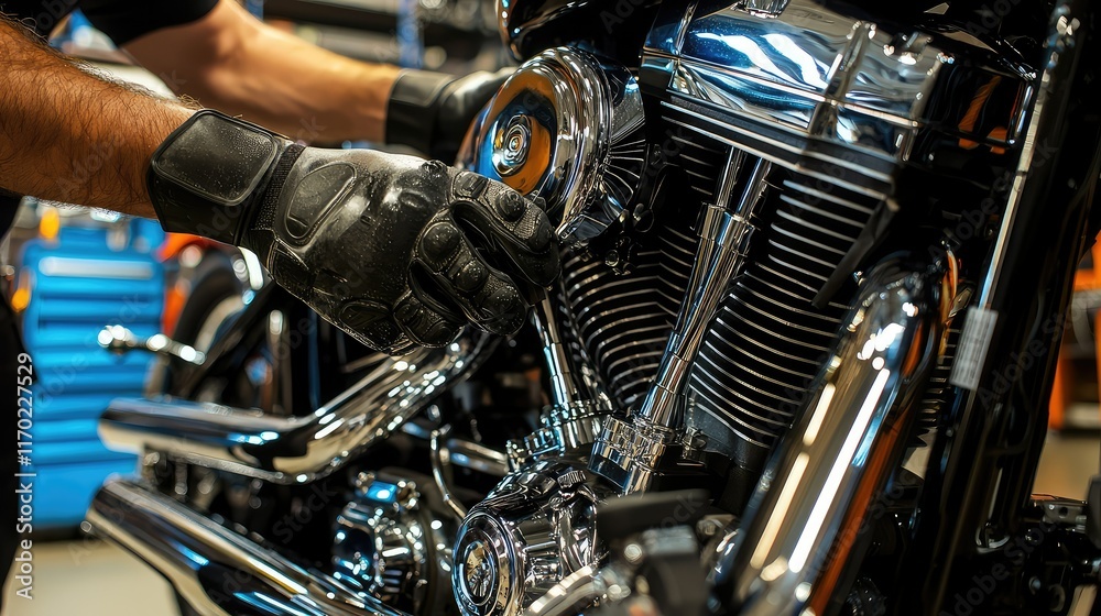 Mechanic Repairing Engine Component of Motorcycle with Careful Precision Mechanic Repairing Engine Component of Motorcycle with Careful Precision