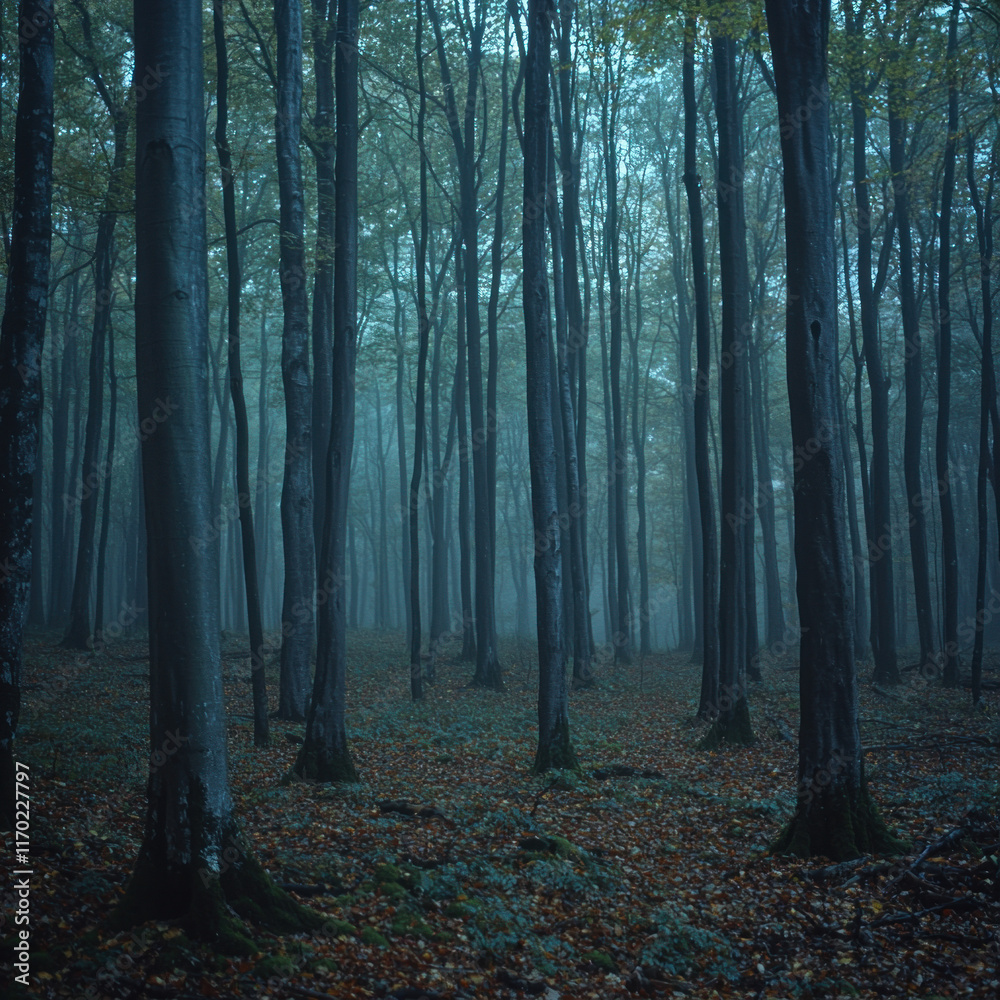 Naklejka premium Misty, ethereal forest scene with tall trees and leaf-covered ground.