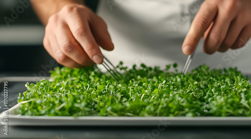 Wallpaper Mural A chef's hands delicately arrange fresh microgreens on a platter, showcasing vibrant colors and textures in a culinary presentation. Torontodigital.ca