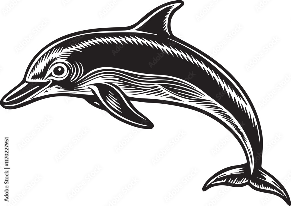Fototapeta premium Black and white line art Silhouette dolphin nvector doodle art in white background