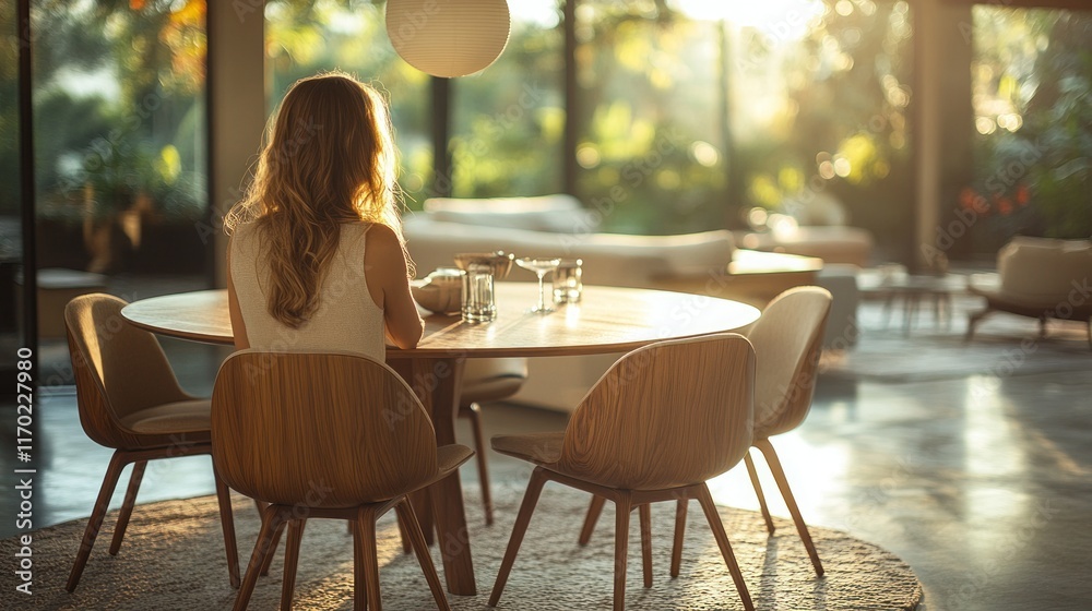 Woman sits at a modern dining table in a sunlit home, looking out a large window. Woman sits at a modern dining table in a sunlit home, looking out a large window.