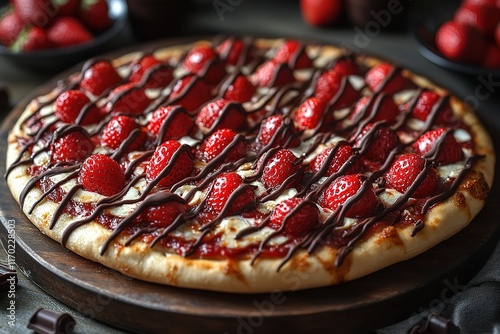 Delicious strawberry and chocolate pizza. Sweet treat, perfect for dessert. photo