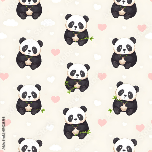 Pastel seamless pattern featuring pandas eating bamboo, surrounded by clouds and hearts.