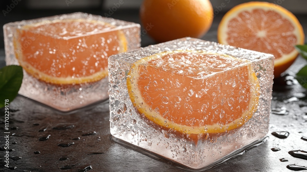 Refreshing citrus drinks in ice cubes with bubbles. Refreshing citrus drinks in ice cubes with bubbles.