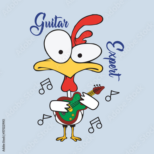 Rooster becomes a guitar playing expert,design cartoon vector illustration