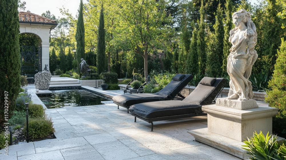 Elegant garden with lounge chairs and a statue by the poolside Elegant garden with lounge chairs and a statue by the poolside