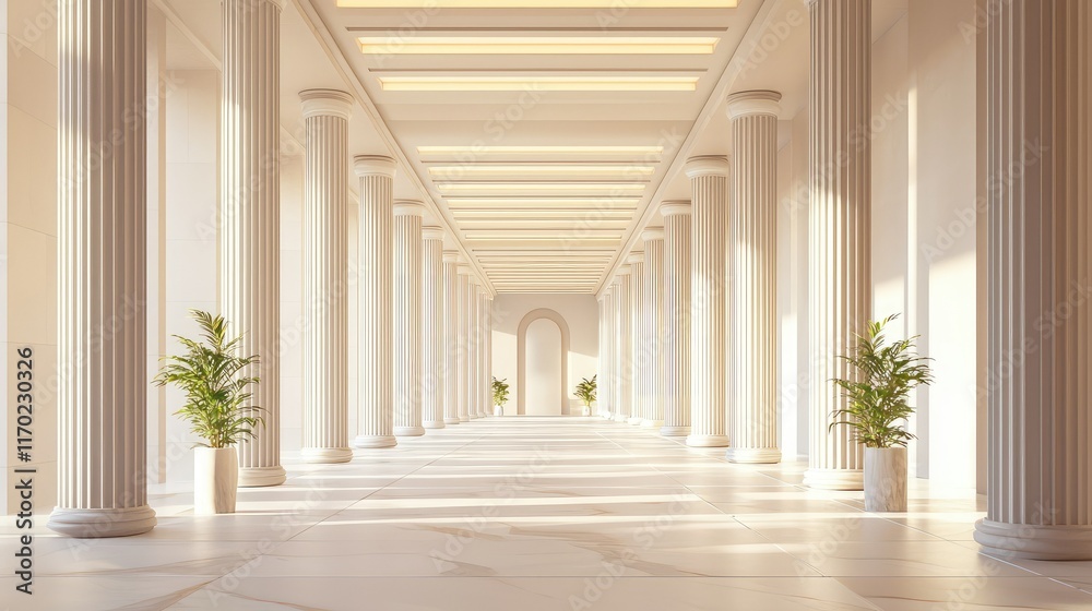 Elegant architectural corridor with columns and natural light Elegant architectural corridor with columns and natural light