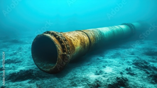 Underwater exploration of abandoned rusty pipeline ocean floor photography marine environment submerged view industrial decay photo