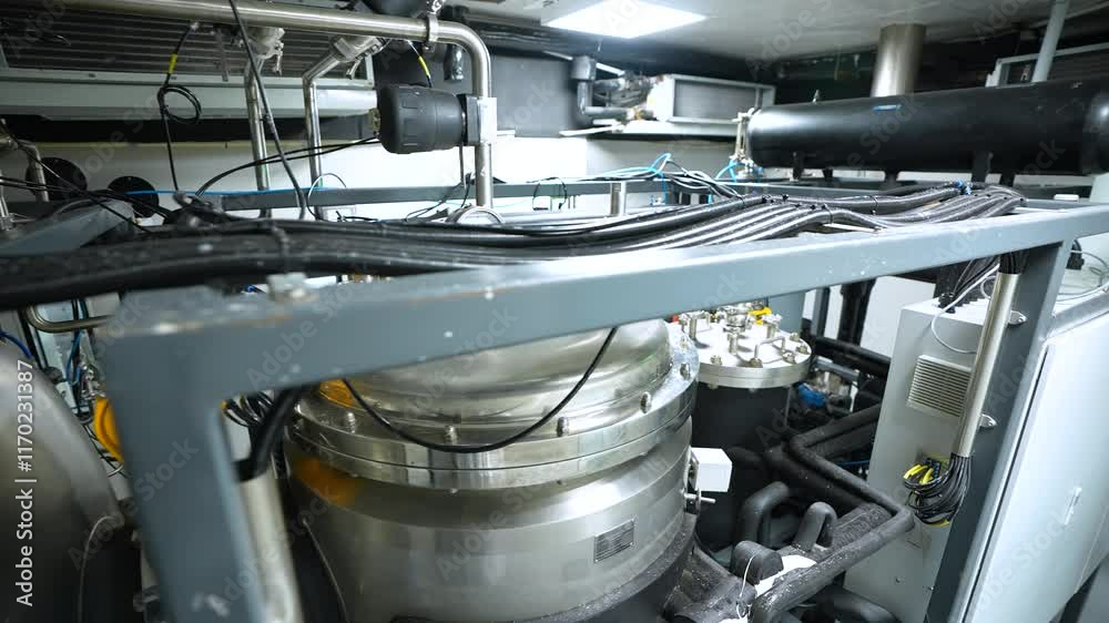 Lyophilizer internal machinery. technical large machines. lyophiliser. vaccine lyophilization chamber for freeze drying process in a medicine manufacturing factory.	
