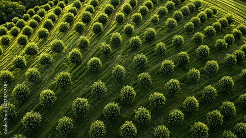 Lush Green Landscape with Symmetrical Tree Patterns in Nature photo