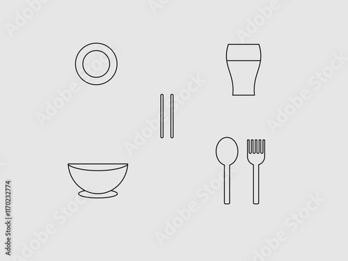 The image presents a minimalist line art depiction of various dining utensils on a light gray background