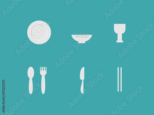 flat design of common tableware against a teal background