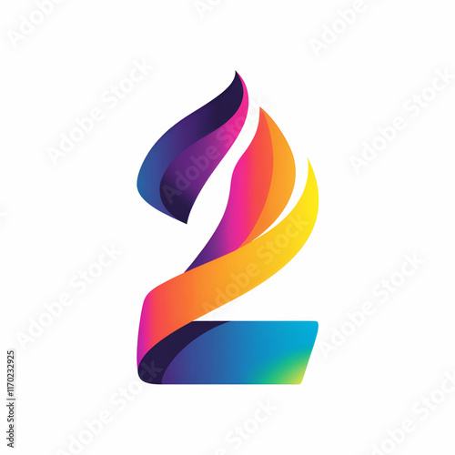 Modern abstract logo with number 2, bold gradients and ribbon effect on clean white background 