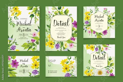 Hand drawn floral wedding invitation card template with greenery florals