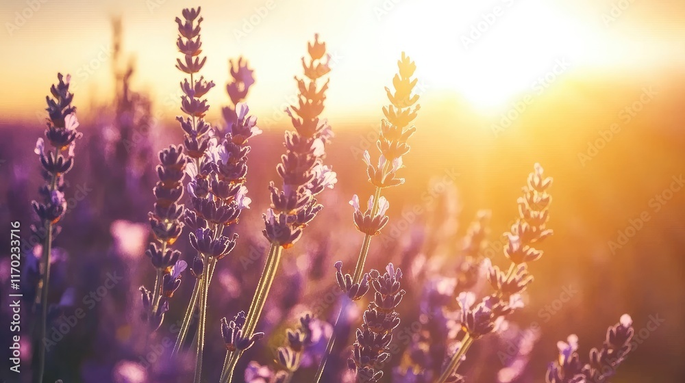 Obraz premium A soft-focused image of blooming lavender flowers at sunset, capturing the essence of summer with sunlight illuminating the lavender field. Perfect for promoting lavender perfume or aromatherapy.